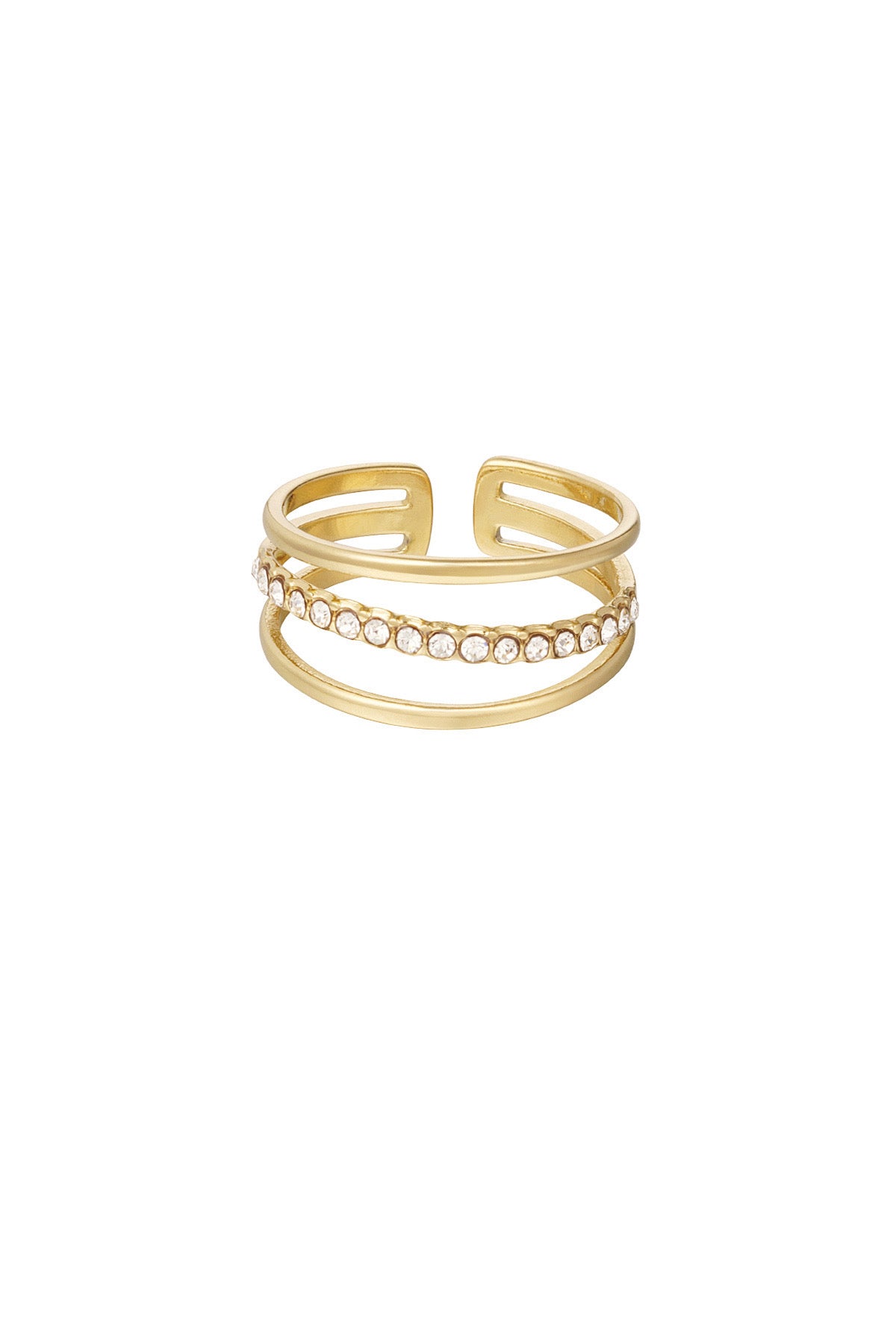 Ring drie laags met rij steentjes - Goud kleur