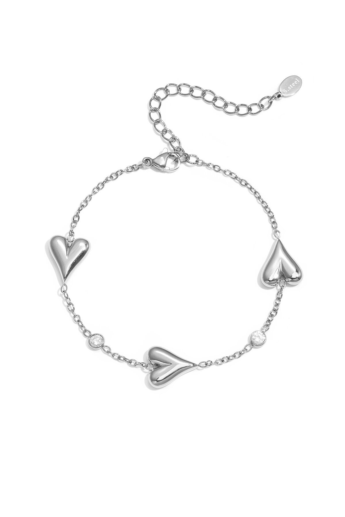 Armband met drie massieve harten en steentjes -zilver