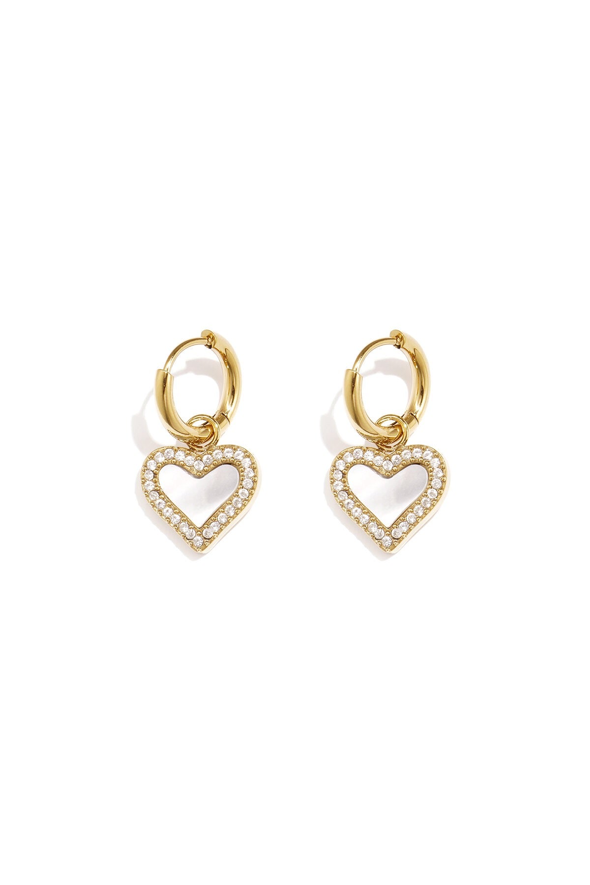 Oorringetjes met hangende harten strass en parelmoer -goud