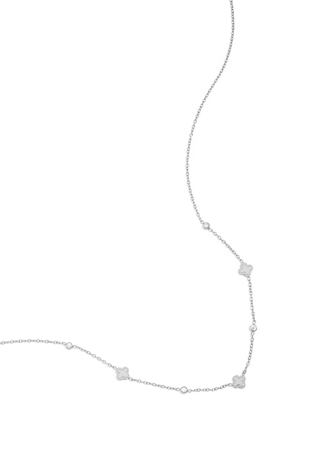 Ketting met klavertjes en steentjes -zilver
