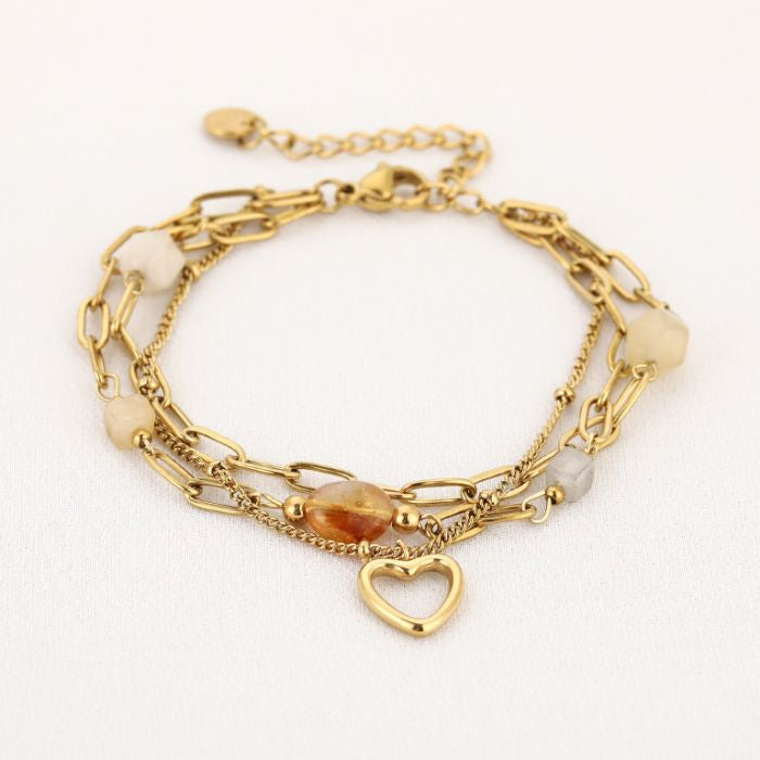 Double armband met stenen en hartje -goud/yellow