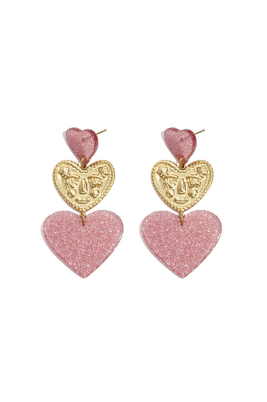 Statement oorbellen met glitter harten -paars