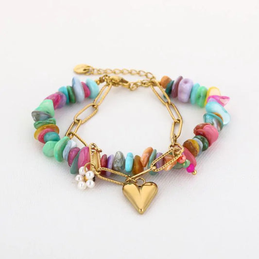Dubbele natuur stenen armband met hartje