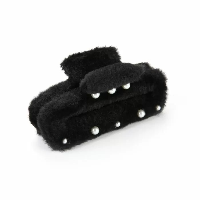 Haarklem met fluffy en parels -black