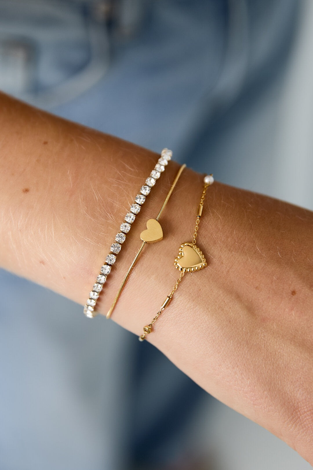 Dubbele armband met mini hartje en zirkonia